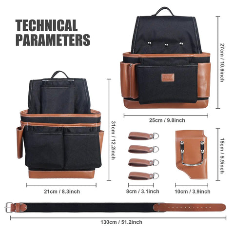 Heavy Duty Electrician And Carpenter Tool Belt With Full Grain Leather Construction, 19 Pouches, Adjustable Suspension System