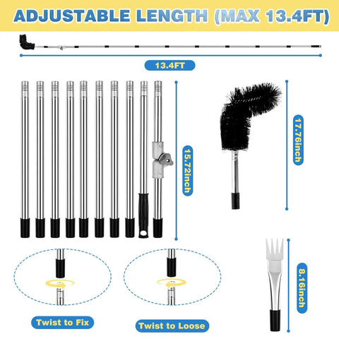 Ground Level Gutter Cleaner Kit With 13.1Ft Adjustable Pole, 180 Degree Pivoting Head, Replaceable Brush, 10-Section Design