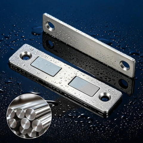 Premium Stainless Steel Magnetic Door Catch With Adhesive Strips And Screws on a wet surface showcasing durability and design.