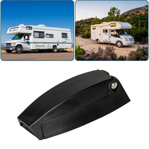 Premium ABS Camper Door Catch Square Design, black ABS plastic latch for RVs, secures baggage compartments wide open