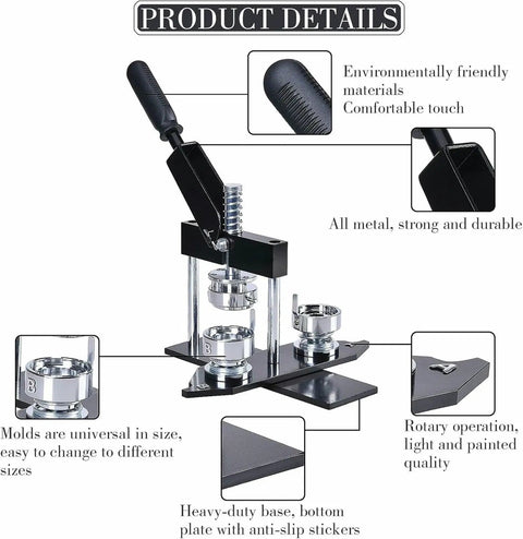 DIY Button Maker Machine For Pin Badges 44MM With 100 Sets Button Making Supplies showing metal body and universal molds.