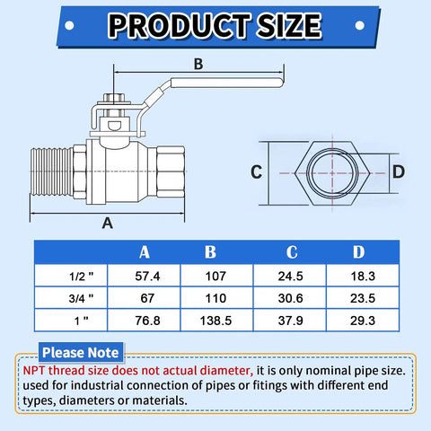 Diagram showing dimensions for Three Quarter Inch Ball Valve With Locking Handle Full Port 304 Stainless Steel NPT Threaded Female To Male