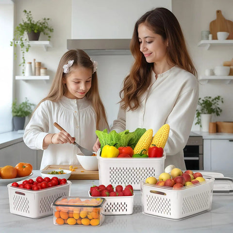 Mother and daughter using Fridge Fruit Storage Set With Removable Colander And All-In-One Washing Bowl For Rinse, Drain, And Refrigerate Produce Like A Pro, Pro-Grade Convenience, Microwave And Dishwasher Safe, Great For Salad, Berries, Lettuce, And More.