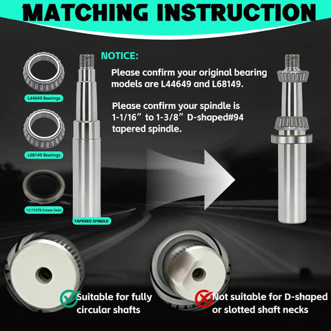 Two-Set 3500lb Beefed-Up Trailer Bearing Kit matching instructions for 1-3/8 to 1-1/16 inch axles compatibility