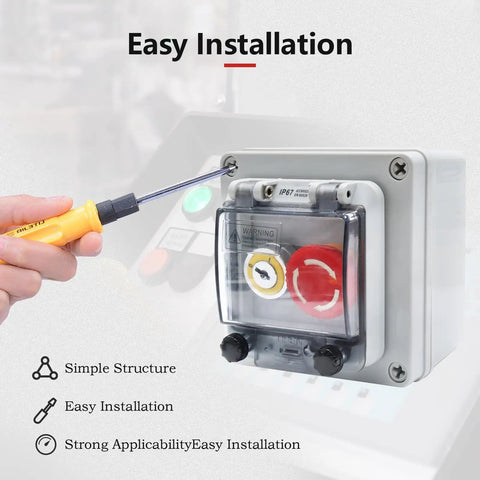 Installation of IP67 Outdoor Waterproof Button Switch Box With Emergency Stop Button Protective Cover shown with screwdriver