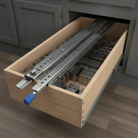 Heavy Duty Drawer Slides With Locking Bearing System, 3-Section Ball Bearing Rails in cold rolled steel, shown in drawer.