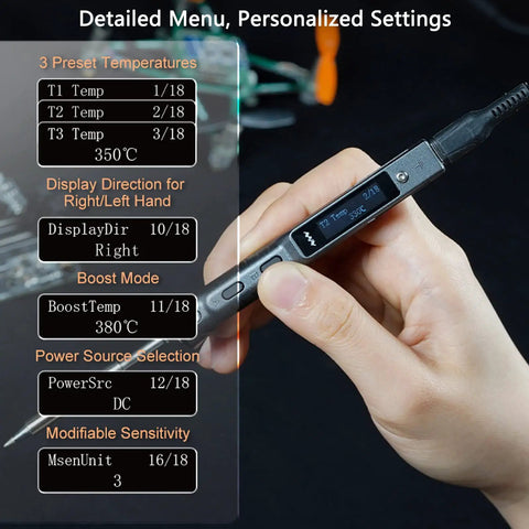 Hand holding Smart Soldering Iron Upgrade TS101 With PD And DC Power 90W Max Pocket Size Beast of a Programmable Welding Station USB C Input OLED Display Heats Up in 10 Seconds 50 400 C Range Includes Original BC2 Tips showing detailed menu.