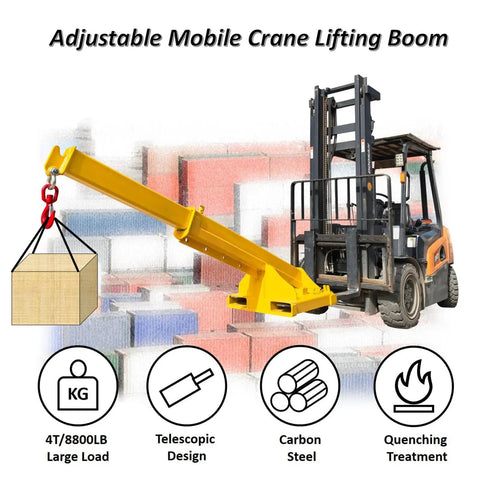 Heavy Duty Forklift Jib Boom Crane With Fully Adjustable Telescopic Arm And Pivoting Chain Hoist Hook Smooth Rigging For The Daily Grind Built Different For Warehouse Moves And Site Work, showcasing lifting box.
