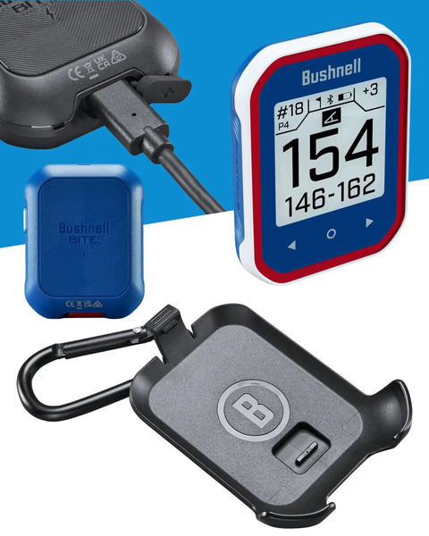 Slope Golf GPS Rangefinder With Touchscreen UI, charger, cover, and BITE Magnetic Mount displayed on a blue background.