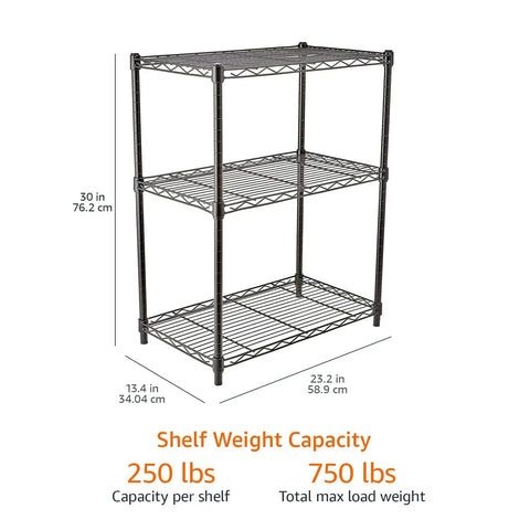 Heavy Duty Steel Wire Rack Shelf 3 Tier Adjustable Storage Organizer For Garage Kitchen with 250 lbs capacity per shelf, black metal.