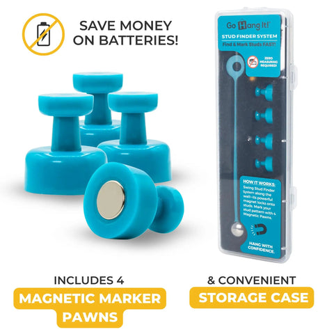 No Sweat MagneticStudFinder ForDrywall PlasterLathWalls ReliableRareEarthPendulumMagnetDetector WithFourMarkingPins in bright blue.