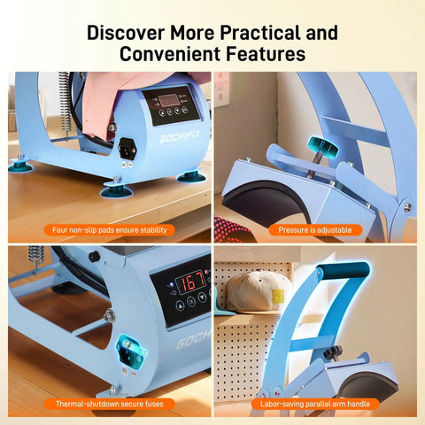 Dope Curved Hat Heat Press Machine With 6.54 By 3.84 Inch Plate showcasing adjustable features and digital display.
