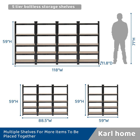 Hella Durable Wide Width 5 Tier Metal Shelving Rack With Quick Adjust Levels And Split Setup For Garage Pantry Or Basement Storage 1900 Lb Capacity Built Tough Black Utility Rack dimensions and design illustration.