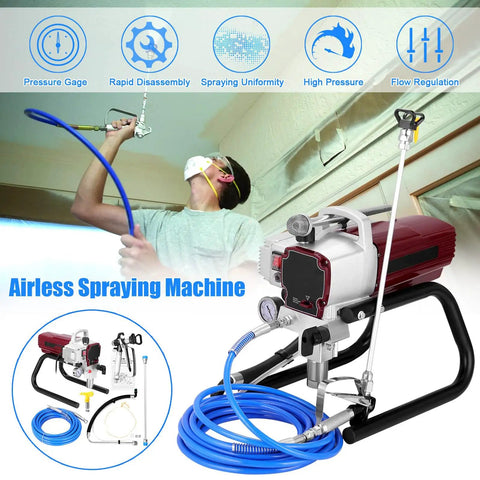Heavy Duty Slick Airless Paint Sprayer With 1800W Motor And Stainless Steel Stand for indoor use, includes pressure gauge and blue hose.