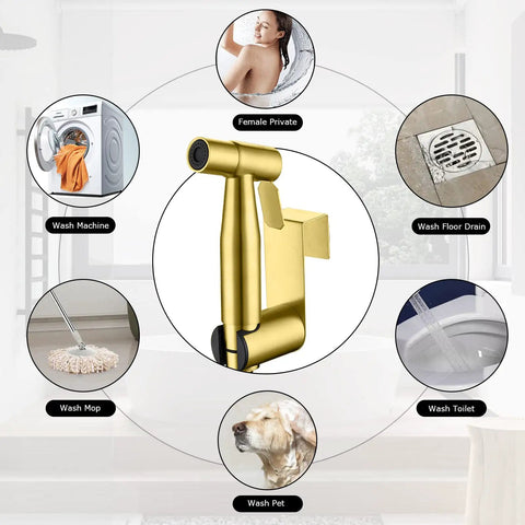 Half Inch NPT Stainless Steel Bidet Sprayer Kit For Toilet, Brushed Gold Handheld Shattaf Attachment with usage illustrations