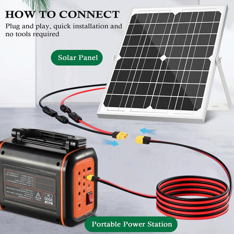 12 AWG XT60 Extension Cable 3 Feet 2 Pack connecting solar panel to power station with male to female connectors.