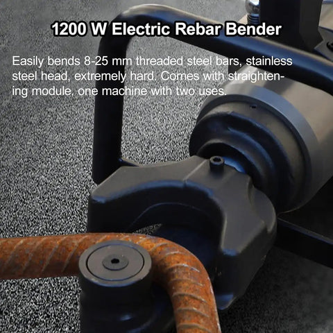 VgtHK 1200W Electric Hydraulic Rebar Bender showing a close-up of the stainless steel head and bent rebar, handles 8-25mm rods.