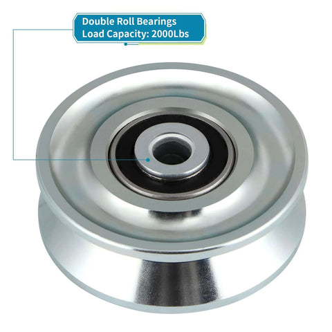 Front view of a 3-inch V-groove gate wheel with dual bearings; chrome metal rolling gate caster for inverted V track