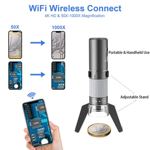 WiFi Digital Microscope 4K HD Camera With 50X To 1000X Magnification, Wireless Handheld Scope, Adjustable Stand, Compatible With iPhone Android iPad Mac Windows PC, Great For DIY Lab Work And Hobbies showing phone and board close-ups