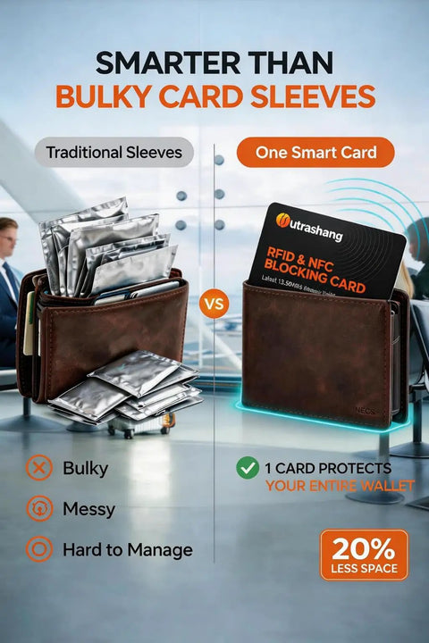Ultra Slim RFID Blocking Card For Wallet And Passport No Battery Needed Instant 6 Inch Shield Against Skimming Keep Your Cards And Personal Info Safe While Traveling No Bulky Sleeves Fits Men And Women 2 Pack shown in wallet comparison with bulky sleeves.