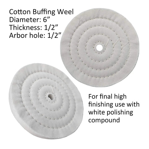 Badass 6 Piece 6 Inch Stainless Steel Buffing Wheel Kit For Bench Grinders With Half Inch Arbor Hole Plus Sisal Denim Cotton Wheels and 3 Heavy Duty Polishing Bars In Black Green White For Straight Up Hella Smooth Metal Polish showing two cotton buffing wheels with 6" diameter.