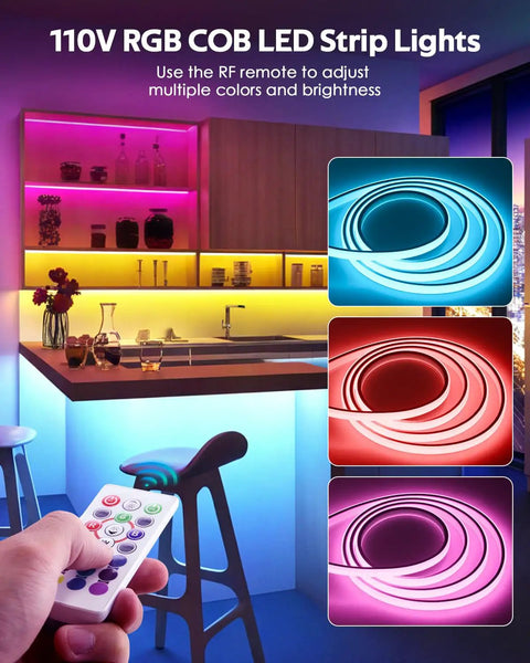 110V RGB COB LED Strip Lights With Flex Remote used in modern kitchen for vibrant party decor illumination.