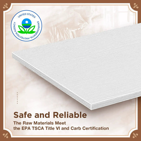 Close-up of the melamine wood panel used in Hefty Capacity White Five Tier Bookshelf With Secure Lip Barriers.