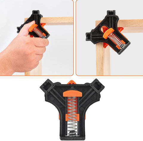 90 Degree Angle Clamps For Woodworking Corner Clip Right Angle Fixer 4 Pack in use, black and orange, holding wood at 90 degrees.