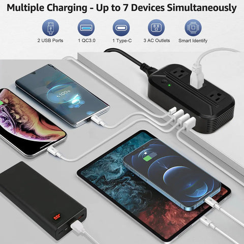 Plug And Play US To Europe Voltage Converter With 4 USB Ports And 3 AC Outlets, charging multiple devices simultaneously