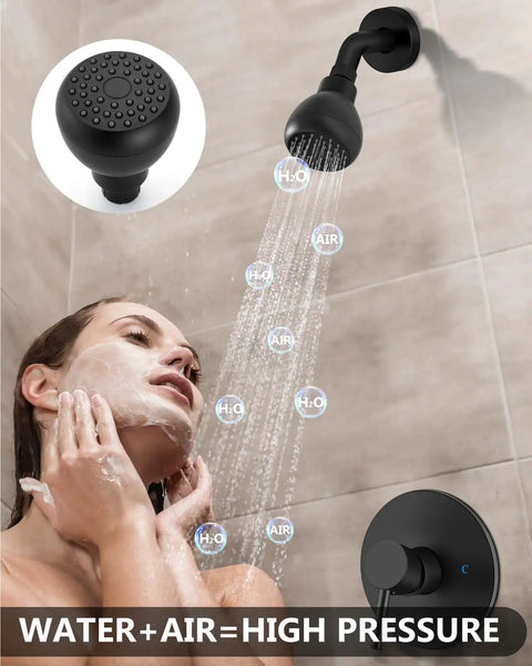 Matte Black Shower Faucet Set With Rough In Valve And Shower Head Crafted From Sus304 Stainless Steel and Solid Brass for Rust Resistant Daily Showers, high-pressure shower head in use.