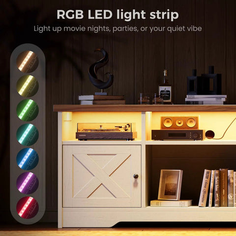 65 Inch TV Stand With Built In Power Outlet And LED Lights Cool Farmhouse White Entertainment Center with RGB lights on.