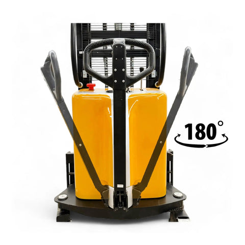 Heavy Duty Semi Electric Pallet Stacker Blasts 2204 Pounds Up To 138 Inches With Slim Legs And Reinforced Steel Forks shown from the front.