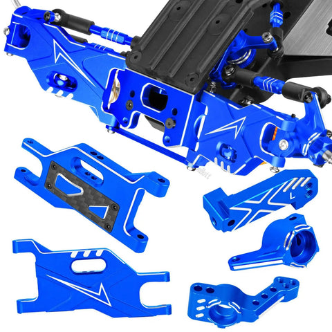 1/10 Rustler 2WD And Stampede 2WD Beefed Up RC Suspension Arm Kit in navy blue aluminum with visible big bore shocks and components