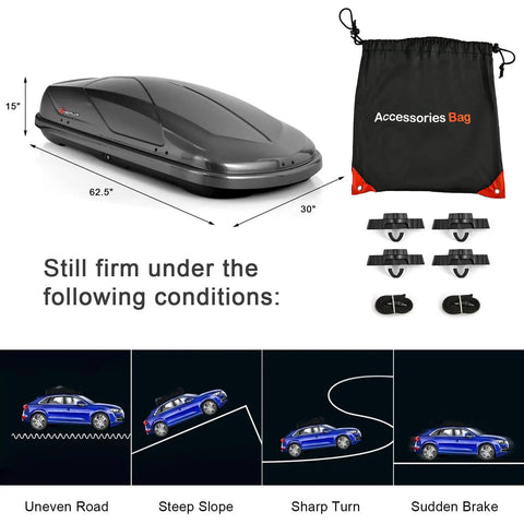 Rock Solid Rooftop Cargo Carrier Hard Shell Waterproof Gear Box, 62.5" x 30" x 15" with accessories bag, suitable for rugged conditions.