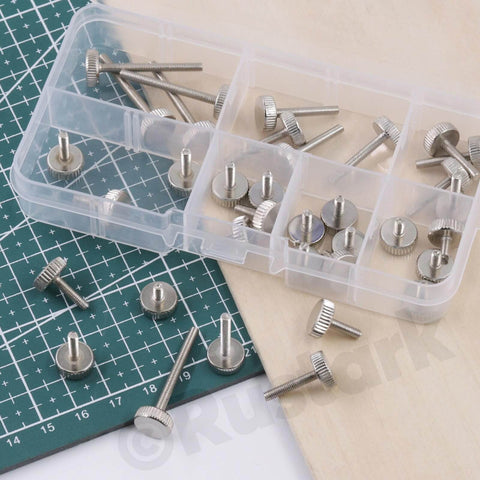35Pcs M3 Nickel Plated Knurled Thumb Screws Set In 7 Sizes M3x6mm to M3x30mm shown in storage box and scattered on surface