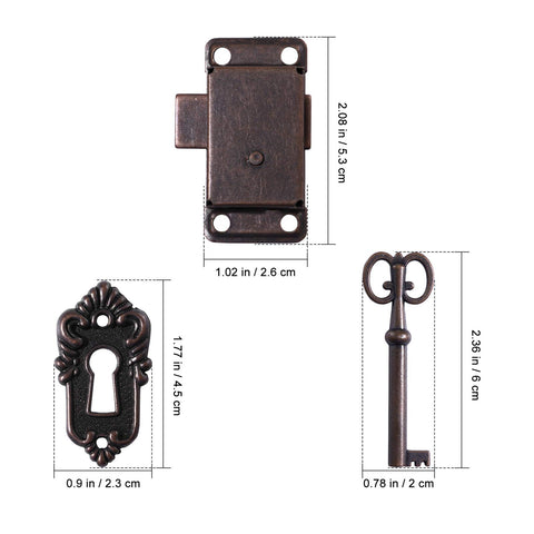 Two Pack Toggle Latch Cabinet Lock Kit With Keys For Vintage Furniture Cupboard Drawer Surface Mount Hardware Jewelry Box Locking Solution With Easy Install Instructions For Quick Secure Use shown with key, lock, and plate