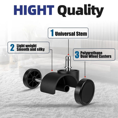 Sytopia office chair wheels with universal stem, 2-inch polyurethane dual-wheel casters set of 5 for all floors