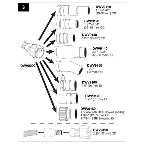 Diagram showing various adapter sizes for the Universal 1-1/4 Inch Dust Collection Quick Connector Adapter For Vacuum Hoses.