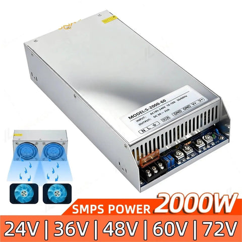 Beefy 2000W Industrial DC Switching Power Supply With Variable Output From 12V To 72V, 150A At 12V, 83A At 24V, 55A At 36V, 41A At 48V, 33A At 60V, 72V Adjustable, 185 To 240V AC Input, Rugged Heavy Duty Industrial Grade, silver metal housing with cooling fans