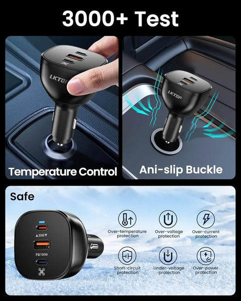 Close-up of car charger emphasizing temperature control and safety features for Drone Charger Kit With 100W USB C And USB A Fast Power Adapter And 130W Car Charger For Mavic 4 Pro Mavic 3 Air 3 Mini Avata Neo Flip Controller Hub And Camera Accessories.