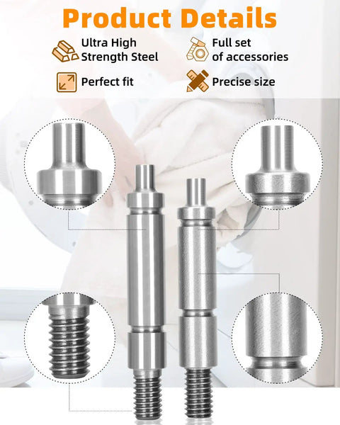 Left And Right Dryer Drum Support Roller Shaft Kit for Multiple Brand Dryers, close-up view of steel roller shafts.
