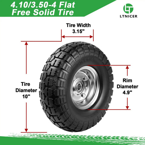 10 Inch Heavy Duty Solid Flat Free Tire And Wheel Set For Carts And Hand Trucks, 4.10/3.50-4, side view showing dimensions