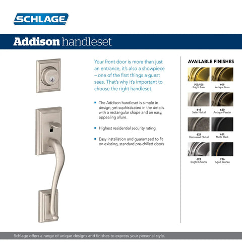 Addison Front Entry Handleset With Accent Lever And Keyed Deadbolt Satin Nickel Finish For Exterior Doors 1 Inch Deadbolt Anti Drill Plates Anti Pick Pins Built To Last Security Premium Build shown with available finishes