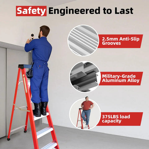 Heavy Duty 5 Step Fiberglass Ladder Foldable With Tool Tray Non Slip Wide Treads Rock Solid 330 Pound Load Capacity For Home Attic Or Outdoor Projects Built Different For No Sweat Access Anywhere You Need It, man using ladder with anti-slip features