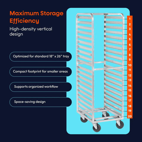 Hardcore Aluminum Bakery Rack That Cradles Twenty Sheet Pans With Roomy Three Inch Spacing And Bulletproof Double Welded Frame Plus Grease Proof Swivel Casters For High Volume Commercial Kitchens, 20 paniers, vertical design.