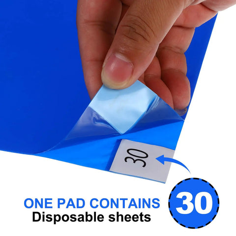 Close-up of blue Disposable Sticky Adhesive Mats showing one pad with 30 sheets for hassle-free cleanup.