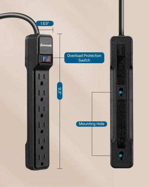 Side view of 2 Pack Heavy Duty Power Strips Surge Protector With 15 Ft Extension Cord 6 Outlets Per Strip Flat Low Profile Plug 15 Amp Circuit Breaker 500 Joules Wall Mount UL Listed Black.