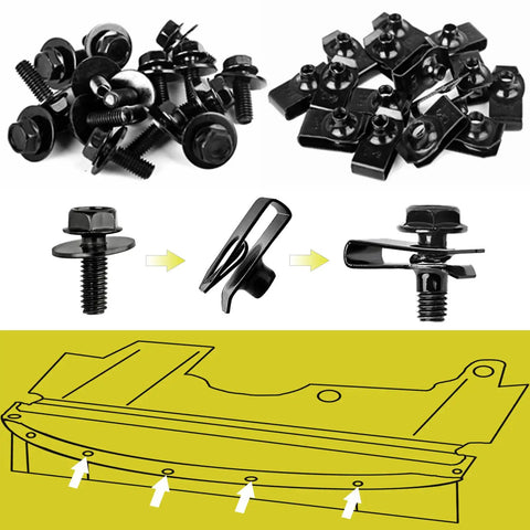 Universal Engine Splash Shield Bolts Kit 45Pcs With Push Retainer Rivet Clips assembly illustration and fasteners