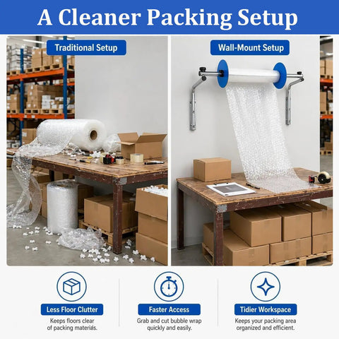 Image comparing a traditional packing setup and a Hella Smooth Wall Mount Bubble Wrap Dispenser Stand With Easy Glide Roll Grip for efficient use.
