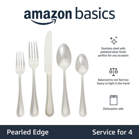 Heavy Duty Stainless Steel Flatware Set, 20 Piece Silverware Service For Four, Dishwasher Safe Pearl Edge Dining Cutlery including a knife, fork, and spoon.